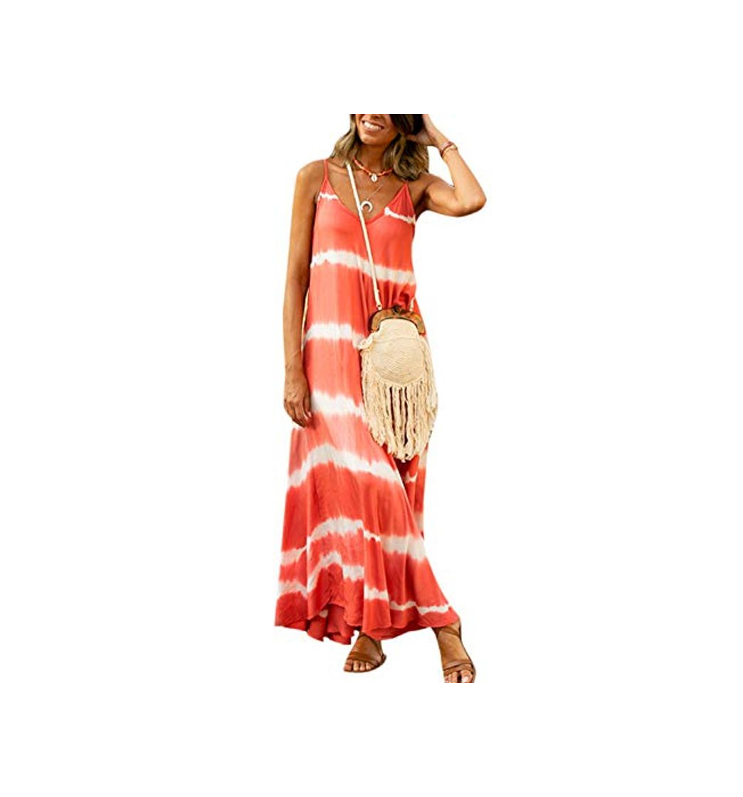 Fashion Vestidos Mujer Casual Playa Largos Verano Tie Dye Vestido Boho Sin Mangas Maxi Vestido Tirantes Playa Verano Rojo XL