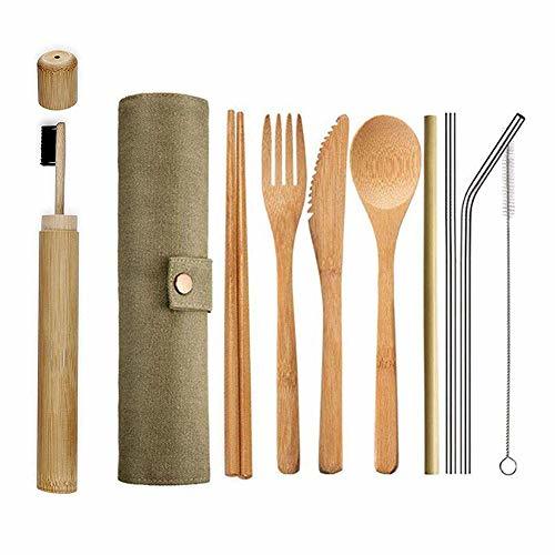 Products Ecológico Reutilizable Bambú Cubiertos Set,Portátil Madera Cubertería Ideal para Viaje,Fiambrera,Camping