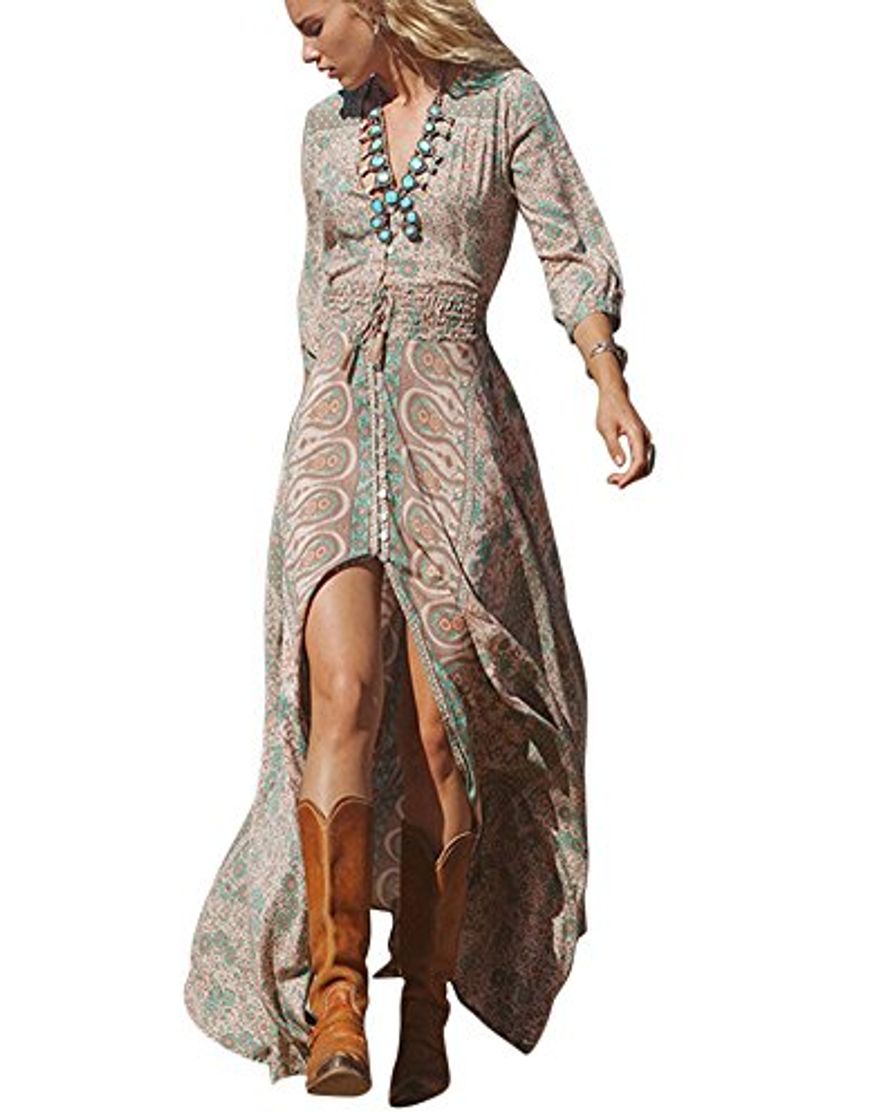 Moda Aberturas Boho Vestido Largo De Manga Larga De Patron De Flor Moda Casual para Mujeres como Imagen S