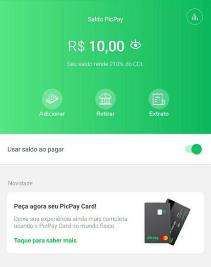 Pic pay, sua carteira digital, nada melhor começar com 10$ 