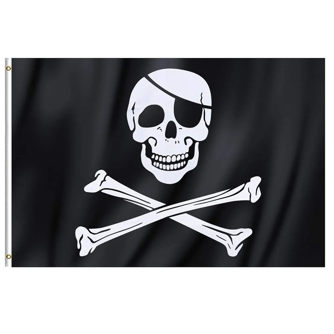 Elemento de la categoría hogar TRIXES Bandera Pirata Negra Grande Jolly Roger Calavera y Huesos 90x150 cm con Anillos Banner Colgante Fiesta Temática Decoración de Barco Fantasma