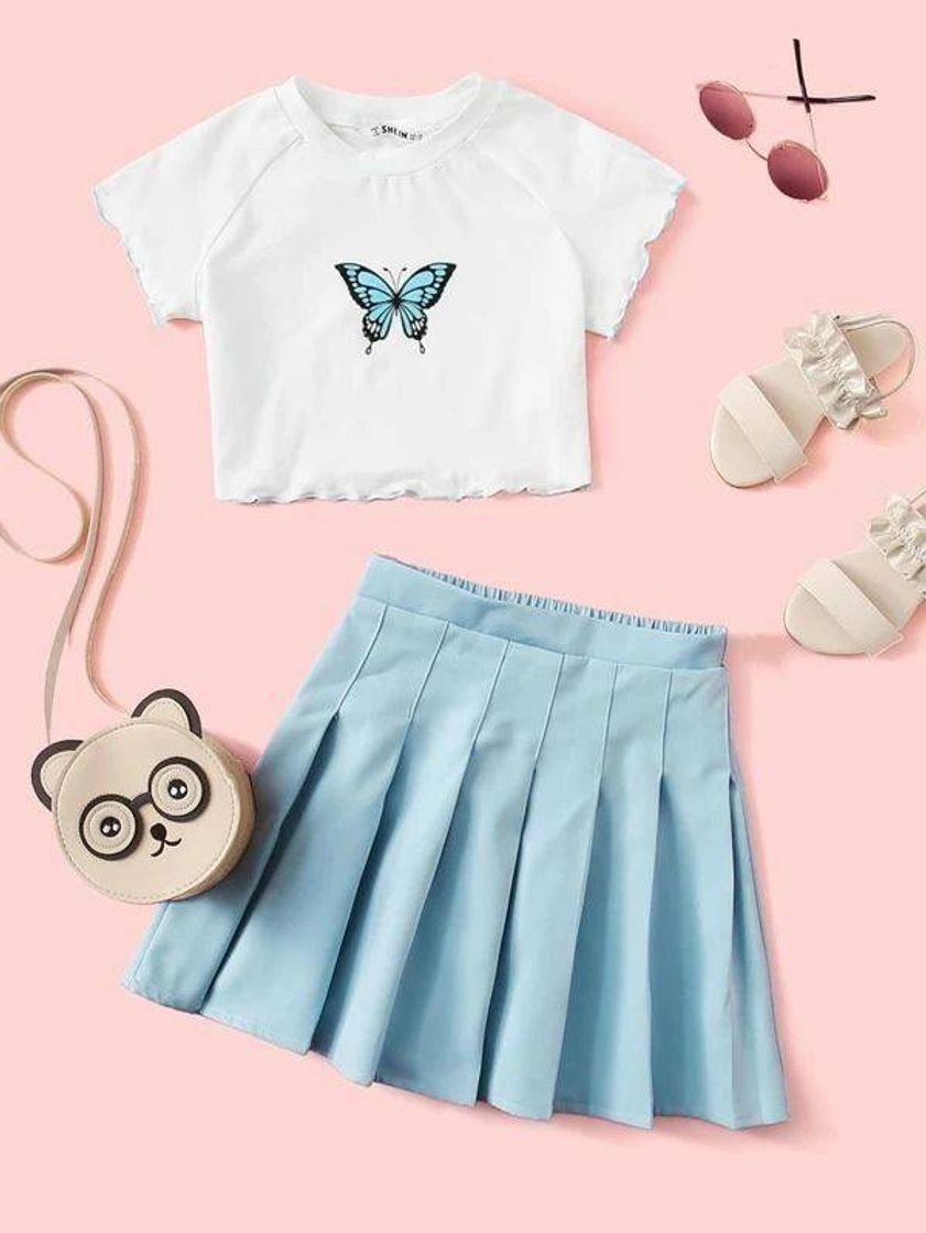 Social Butterfly top with blue pleated skirt
