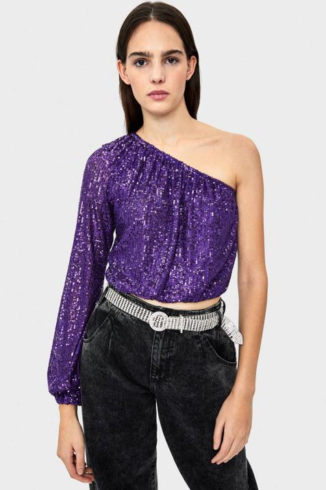 Producto Camiseta asimétrica de lentejuelas morada Bershka