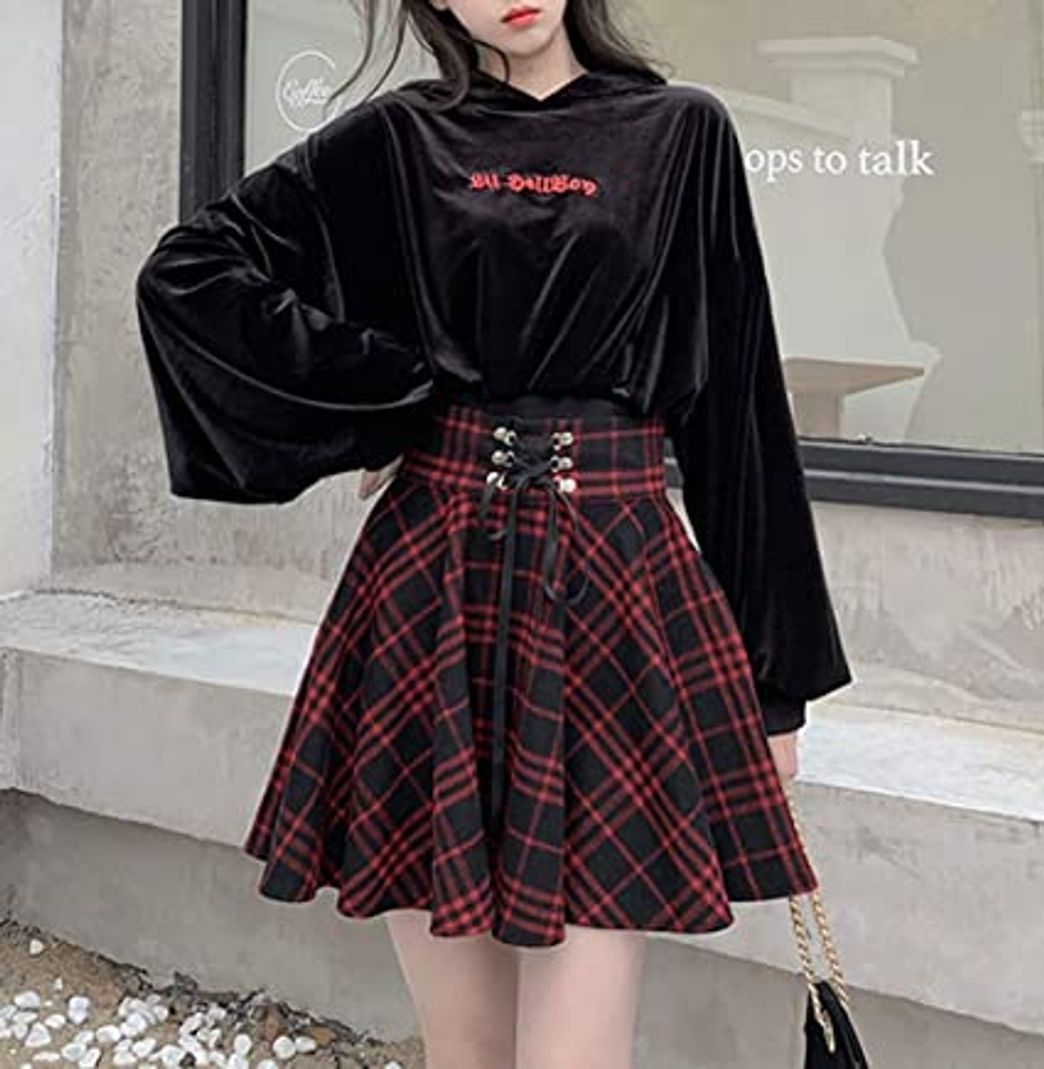 Fashion XIANGLIOOD Mujer Plaid A Line Cintura Alta Acampanada Plisada Corta Mini Négro Rojo Falda