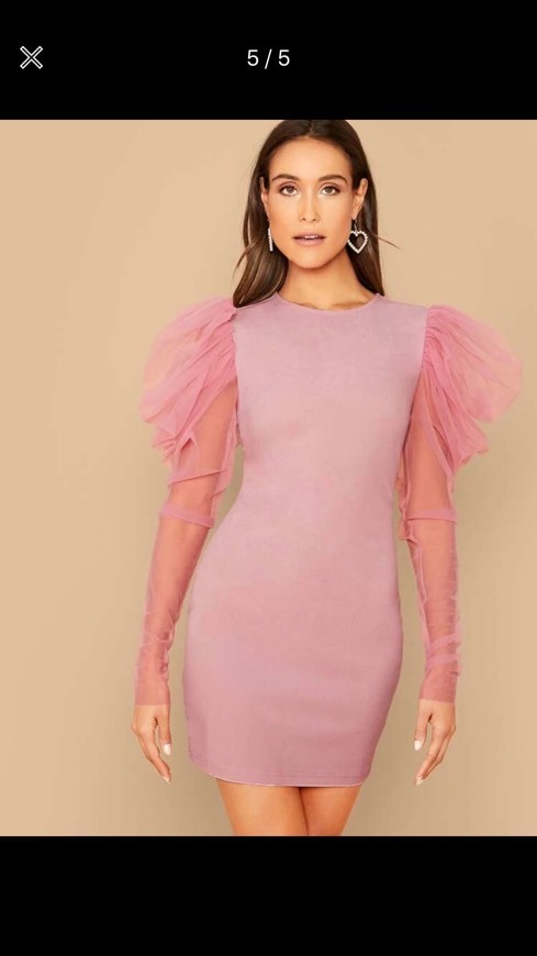 Moda 
Vestido neón ajustado de manga de gigot con malla