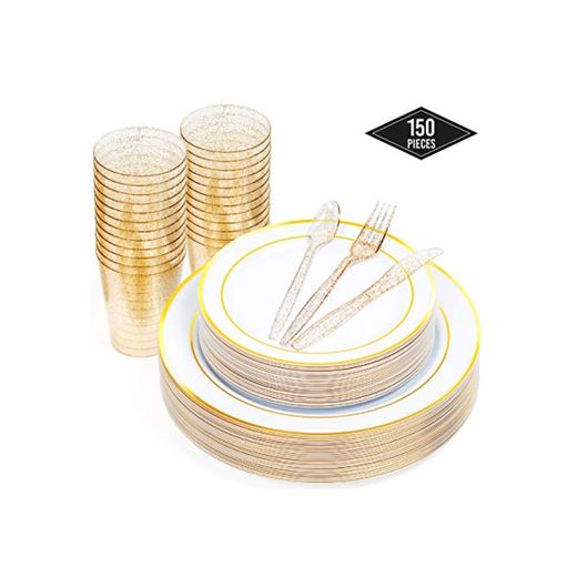 150 Piezas - 50 Elegante Platos Plástico Duro Desechables con Borde Oro
