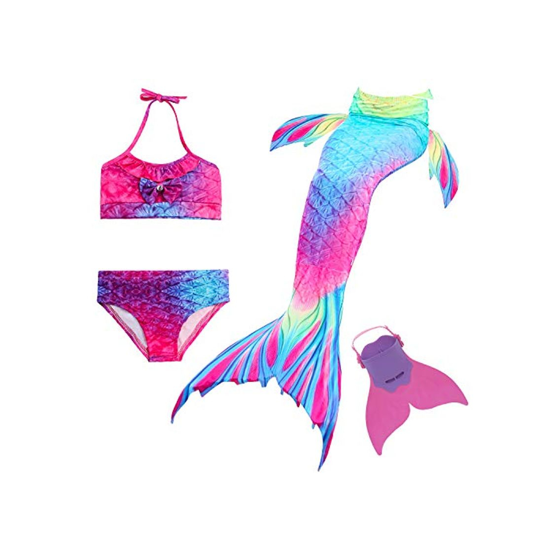 Fashion Cola de Sirena para Natación Traje de Baño 4pcs Mermaid Bikini con Monofín Establece para Niña Disfraz de Sirena Princesa Cosplay Conjuntos