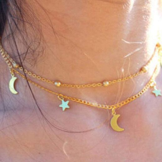 Aiming Mujeres Luna Estrellas Capas Dobles del Collar de señora Girl aleación
