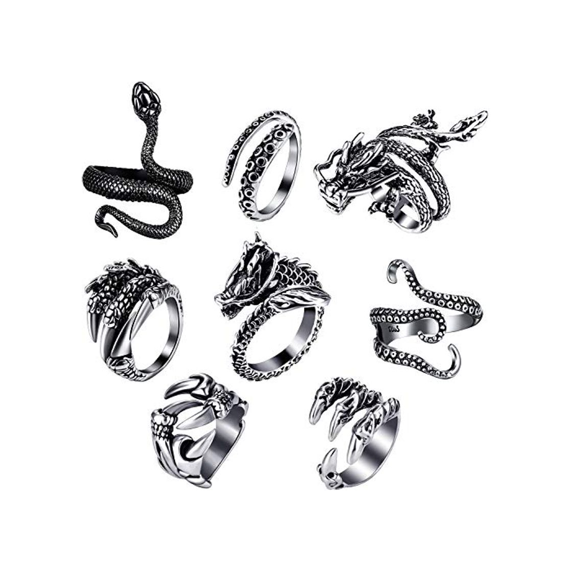 Social Hicarer 8 Piezas Anillos Punk Vintage Anillo Ajustable de Pulpo Dragón Serpiente