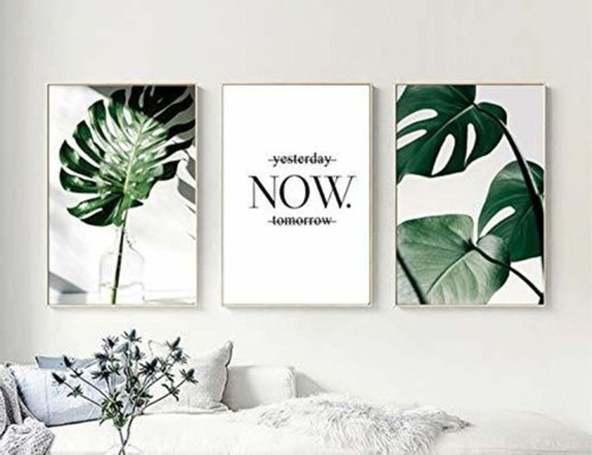Social Set de 3 Laminas Decorativas pared Salon Hojas Verdes y Citas y