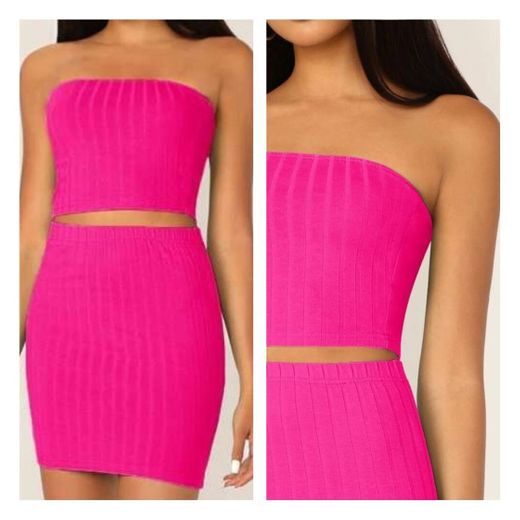 Neon Pink Rib-knit Tube Crop Top & Skirt Set | SHEIN USA