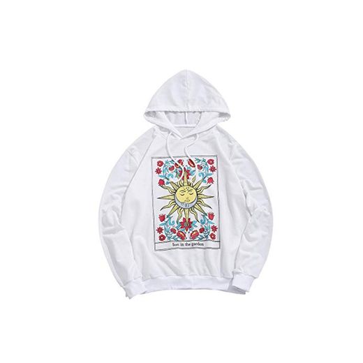 ZAFUL Sudadera con capucha para hombre con estampado floral Sun Graphic con bolsillo y cordón Blanco L