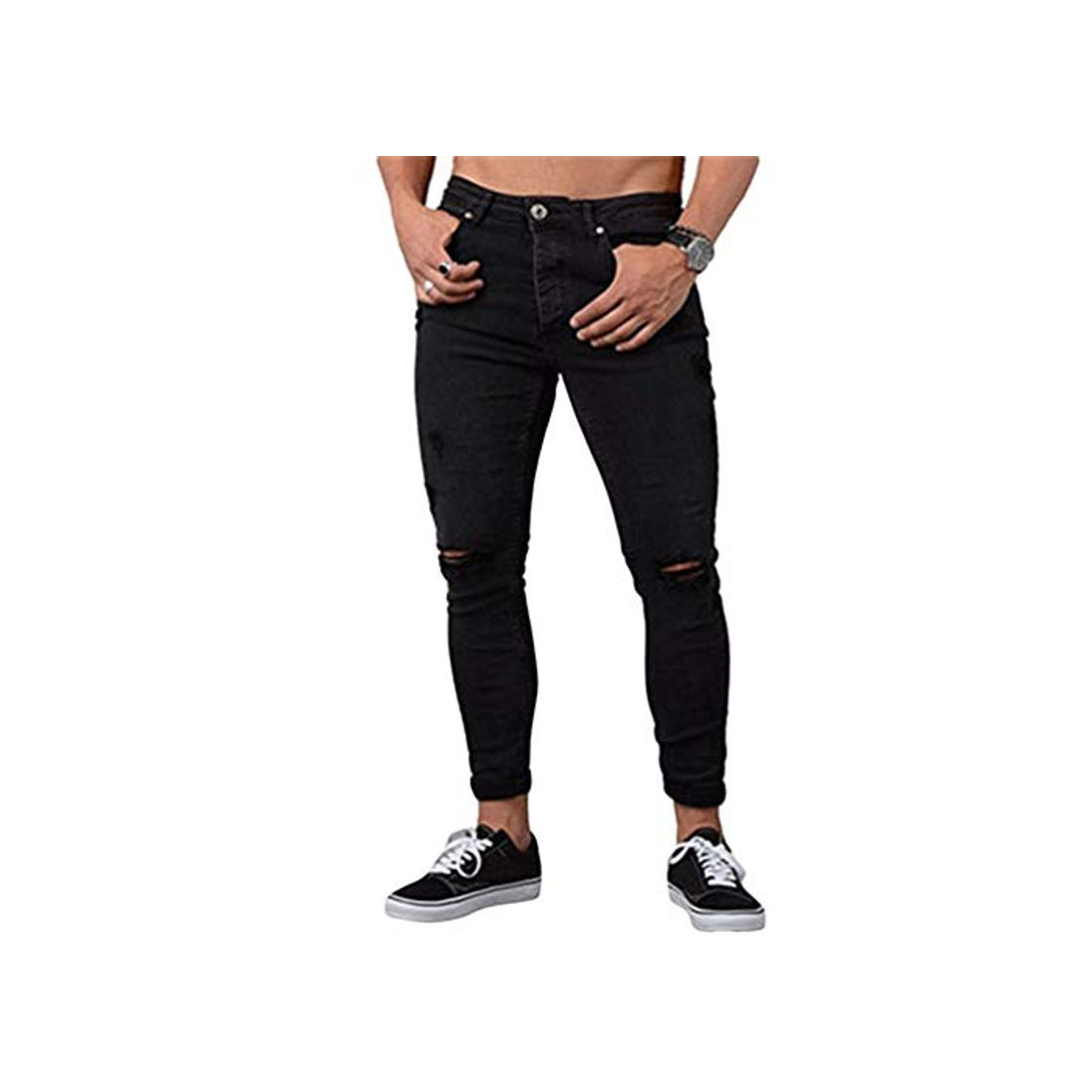 Fashion WanYangg Hombre Skinny Vaqueros Desgarrados Jeans Largo Slim Fit Cremallera Casual Rajados Mezclilla Vaquero Pantalón Rotos Masculinos Moda Flaco Rodilla Ripped Denim Pantalones Negro L