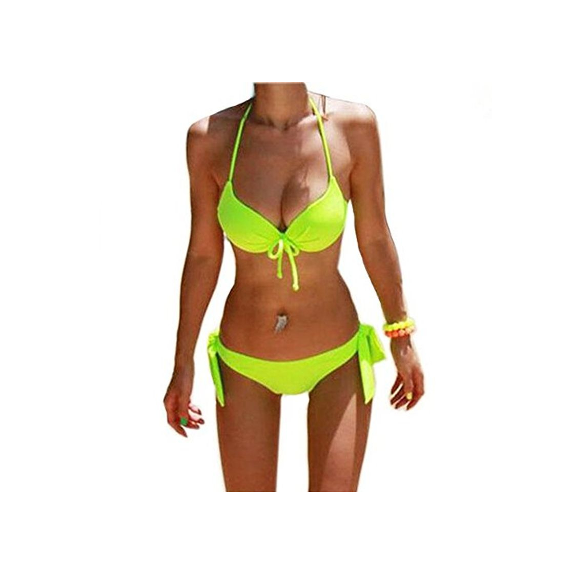 Fashion DELEY Mujeres Color Fluorescente Acolchado Push Up Bikini Trajes De Baño Ropa De Playa Verde Tamaño M