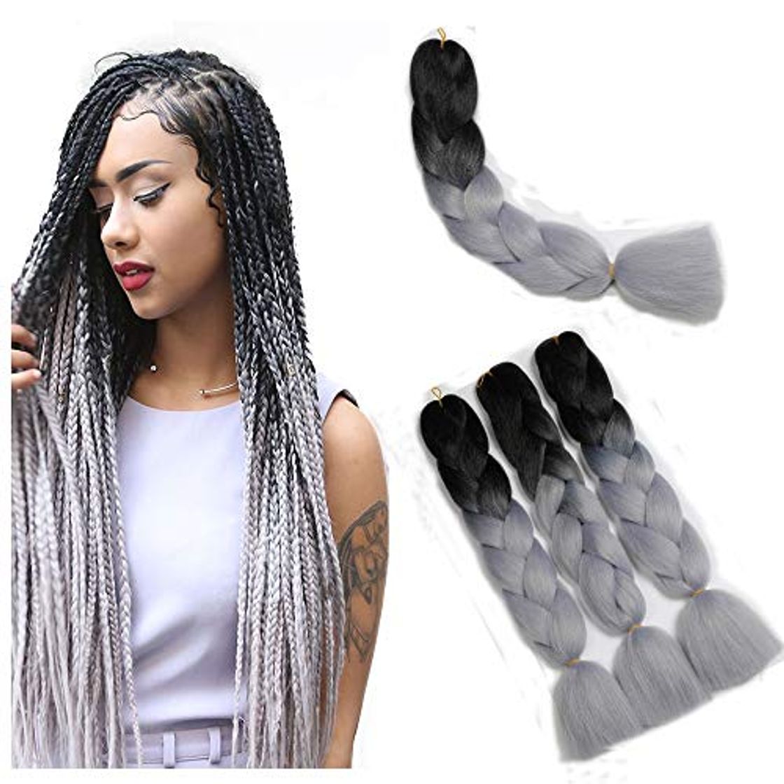 Belleza Kanekalon Black to Silver Jumbo Ombre Braid Synthetic Hair Extensions, 100G