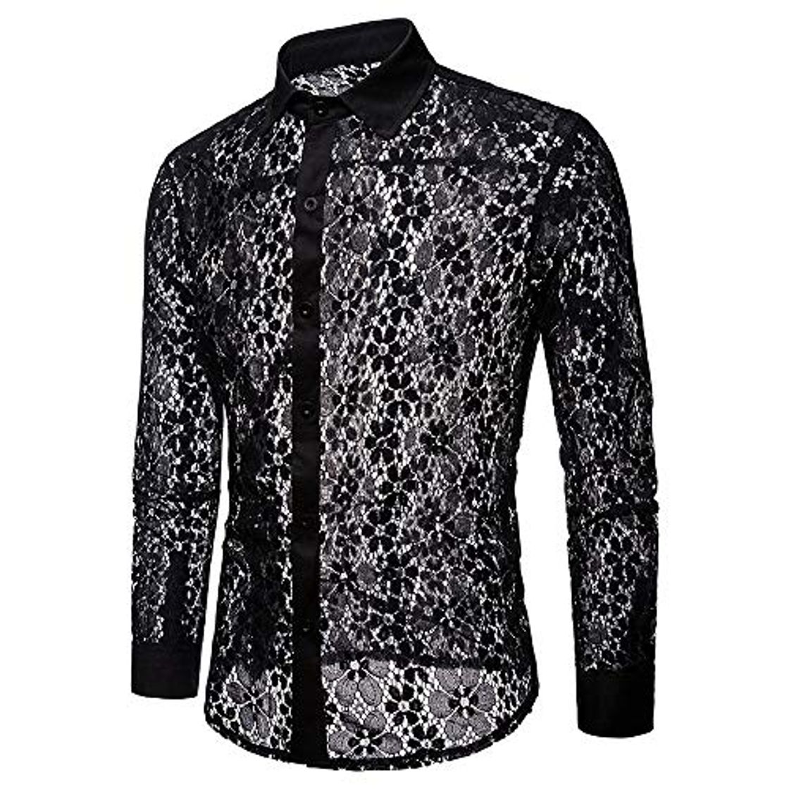 Fashion Camisas Botones De Vestir Hombre Sexy De Encaje Flor Semi Transparente Slim Fit De Color Sólido De Manga Larga Collar Casual Fiesta Club Tops Blusa （Negro，L）