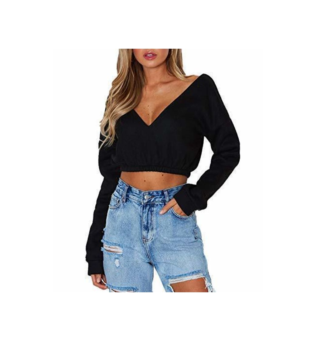 Producto OUFour Primavera y Otoño Mujeres Crop Top Cuello V Manga Larga Remata