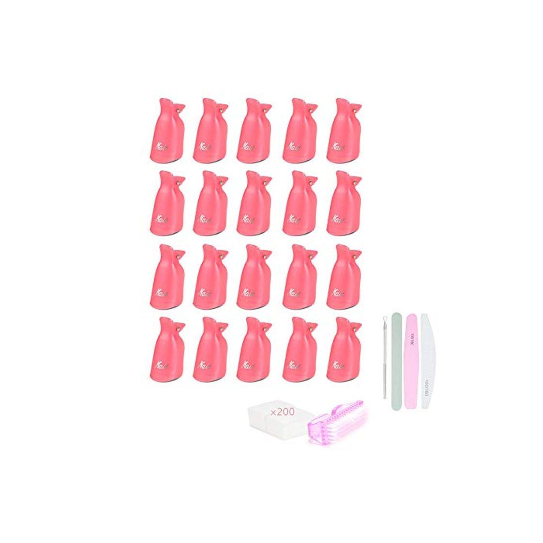 Locisne Kit envoltura gel removedor esmalte uñas con 20 tapas clip uñas 200 almohadillas algodón para limpieza uñas 1 empujador cutículas 1 cepillo uñas 3 lima uñas doble cara