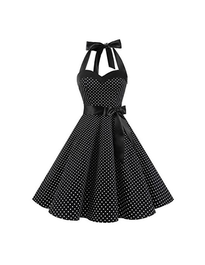 Fashion Dresstells® Halter 50s Rockabilly Polka Dots Audrey Dress Retro Cocktail Dress Black