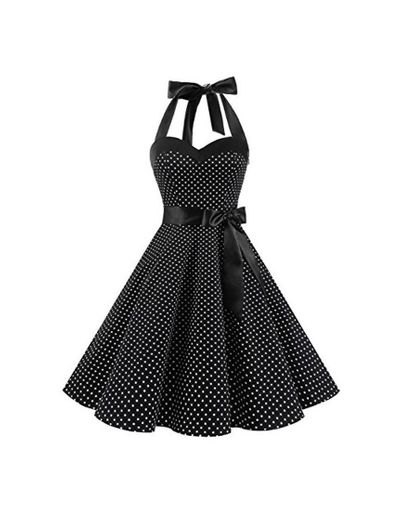 Dresstells® Halter 50s Rockabilly Polka Dots Audrey Dress Retro Cocktail Dress Black