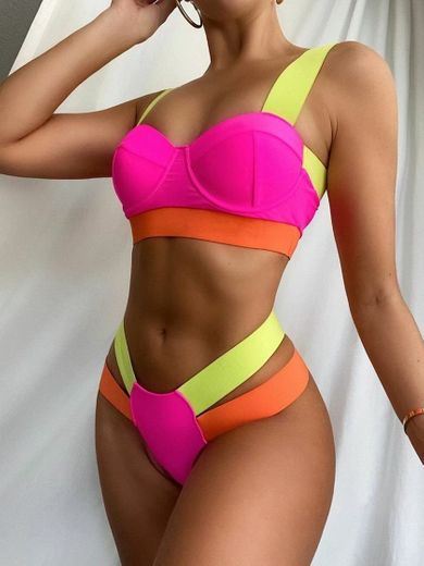 Color blok push up bikini top💚❤