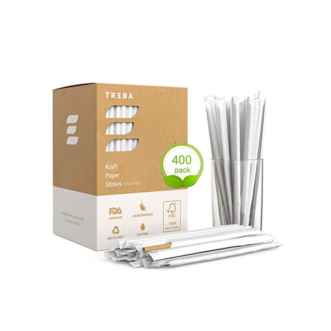 Producto TREBA 400 Pajitas Biodegradables de Papel Kraft– Pajitas para Beber Envueltas –