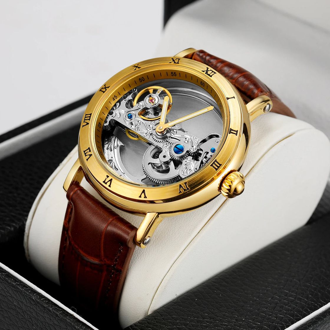 Fashion Relógios mecânicos vintage Golden Bridge Skeleton masculino couro genuíno cinto esculpido