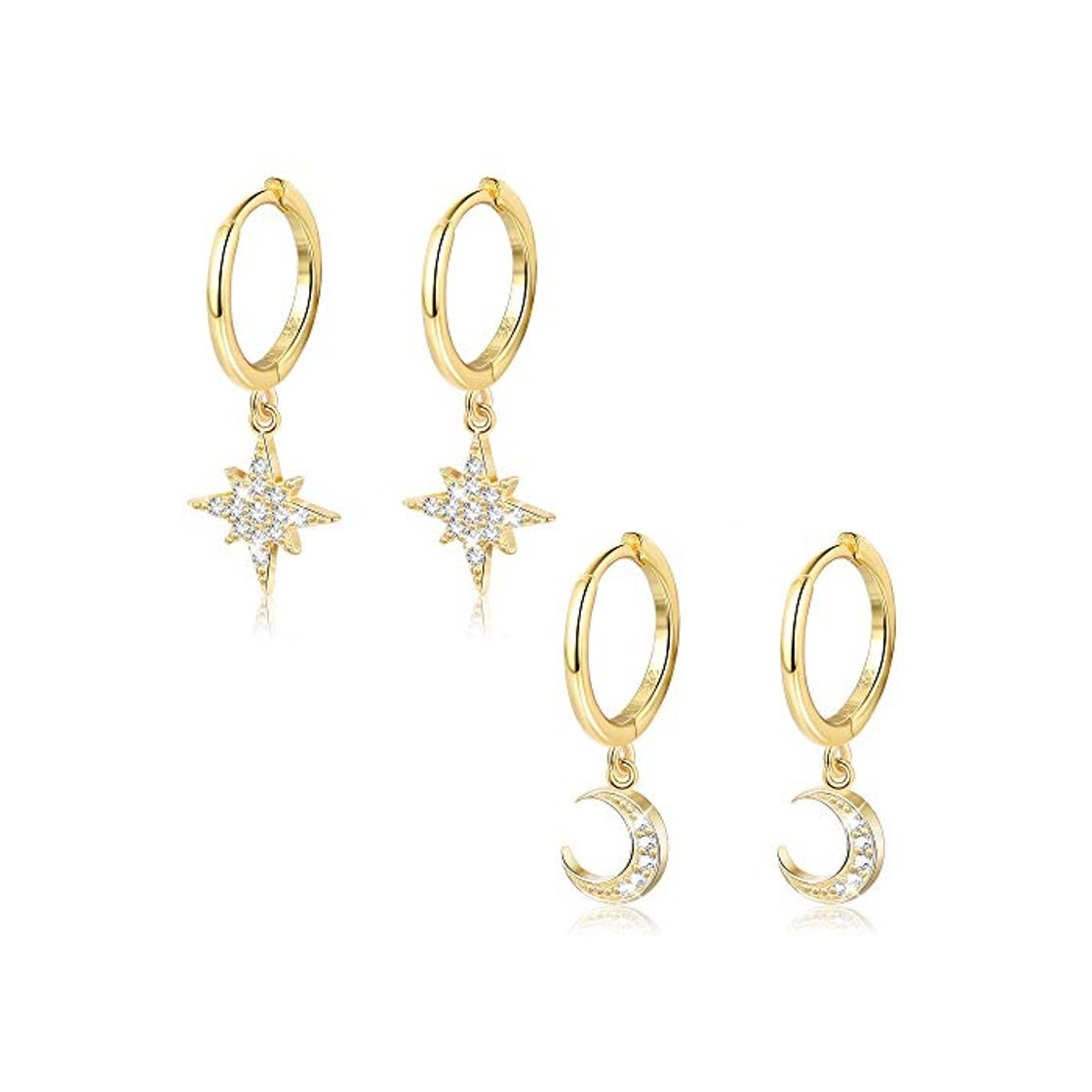 Products Milacolato 2 Pares de Plata de Ley 925 Moon Star Cuelga el Pendiente de Aro CZ Drop Huggie Cartilage Cute Earring Set para Mujer