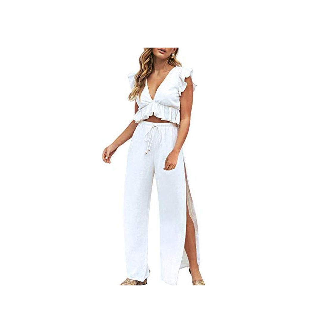 Moda FANCYINN 2 Piezas Mujer Conjunto Fiesta Playa Verano Pantalon y Top Mono Blanco