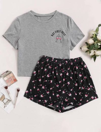 Conjunto de pijama con estampado de vino Shein