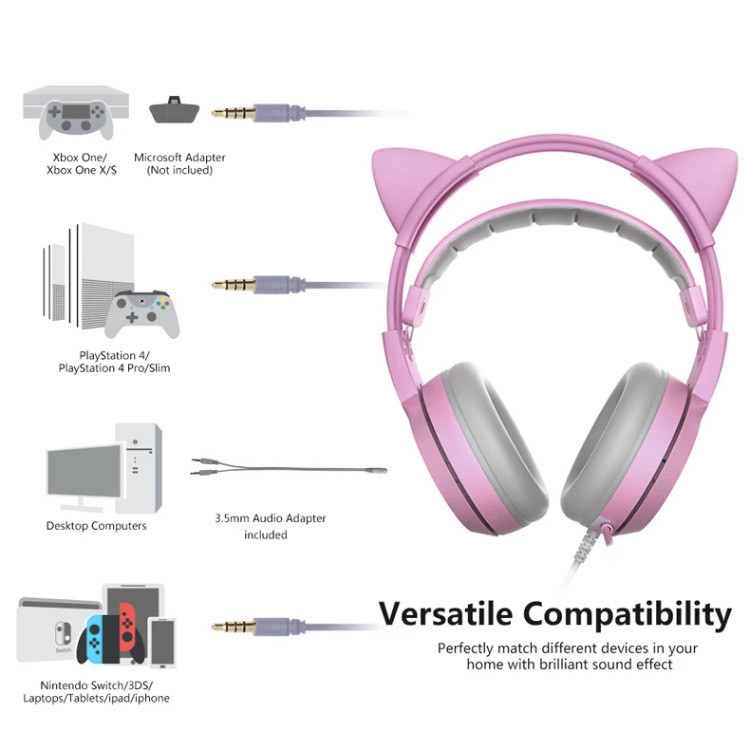 Cascos gamer rosa con orejas 
