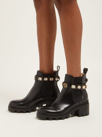 Black Leather Ankle Boot With Belt & Crystals | GUCCI® US