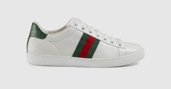 Fashion Women's White Leather Ace Sneaker With Green & Red Web - Gucci