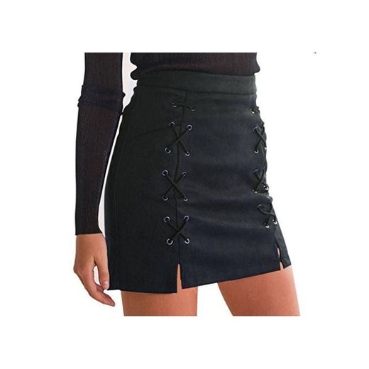 Minetom Mujer Chicas Ante Cintura Alta Delgado Bandas Minifalda Primavera Verano Moda Corto Vestidos Una línea Falda Mini Skirt Negro EU M