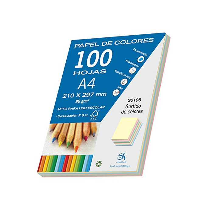 Product Dohe- Pack de 100 papeles A4, 80 g, multicolor pastel, Color surtido