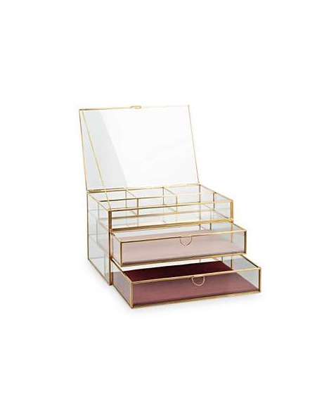 Product Gold & Glass Pink Velvet Three Tier Jewellery Box