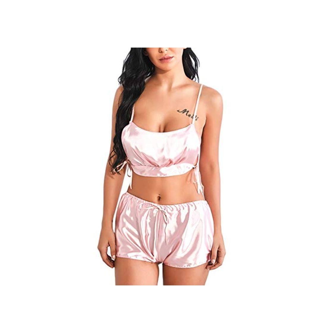 Fashion TIFIY Mulheres Sexy De Cetim De Seda Bowknot Shorts Set Sleepwear Pijama Lingerie Bandagem Camisones