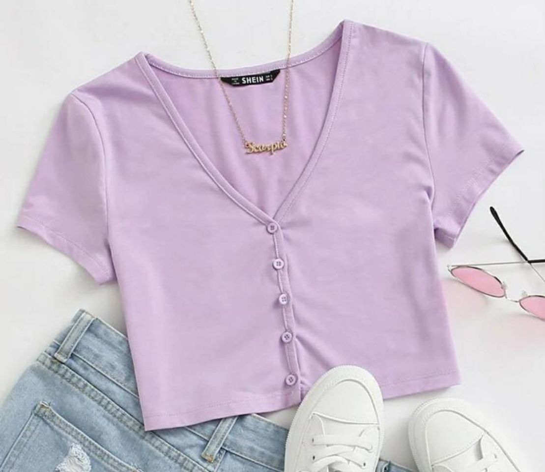 Moda Cores Pastel Butões Na Frente Simples Ocasional Camiseta