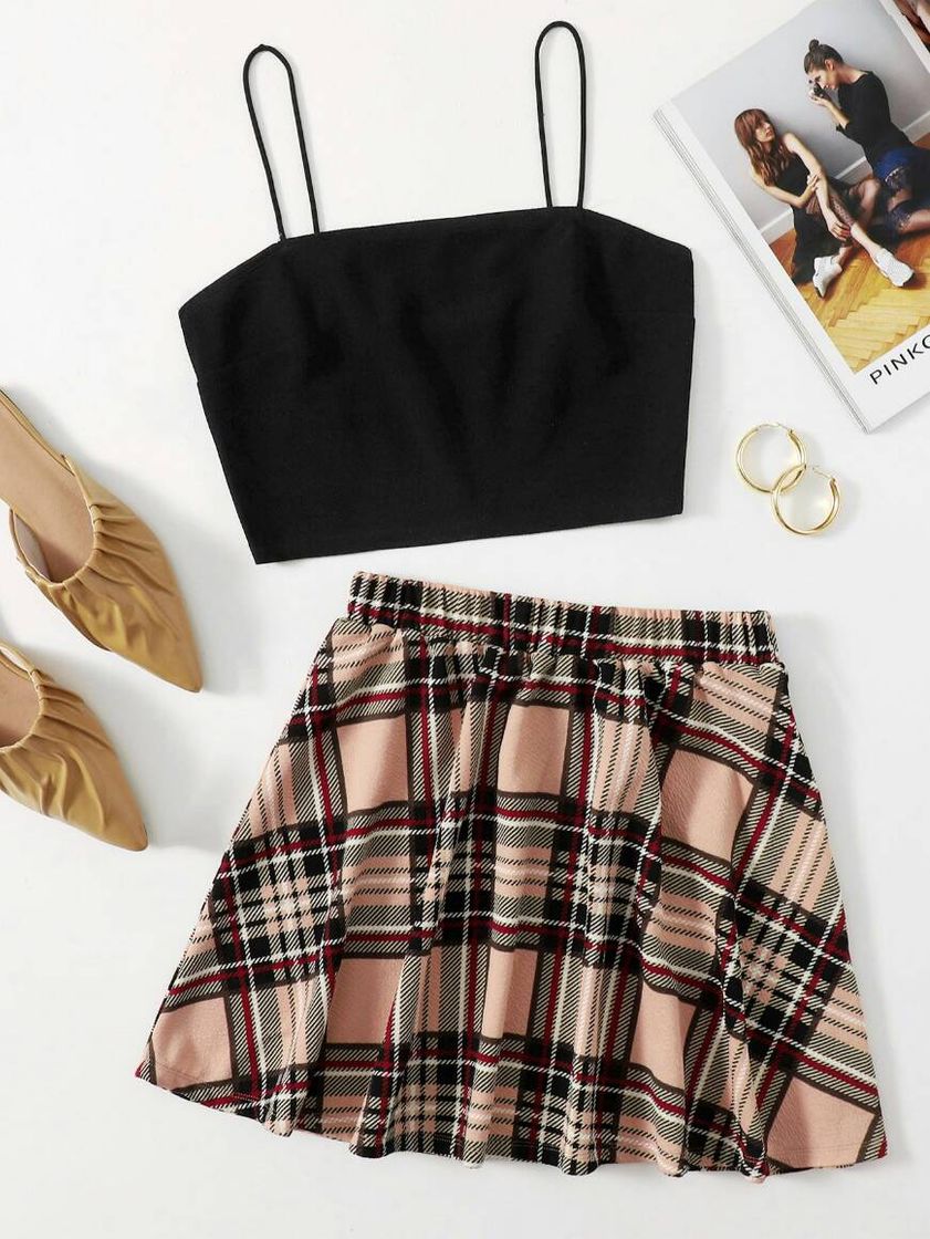 Moda Top e saia xadrez shein