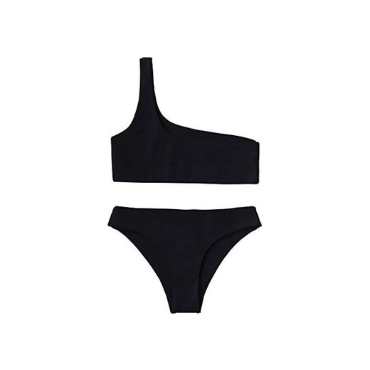 ZAFUL Mujer Un Hombro Bikini Set monocromo de dos piezas Bañador Negro M