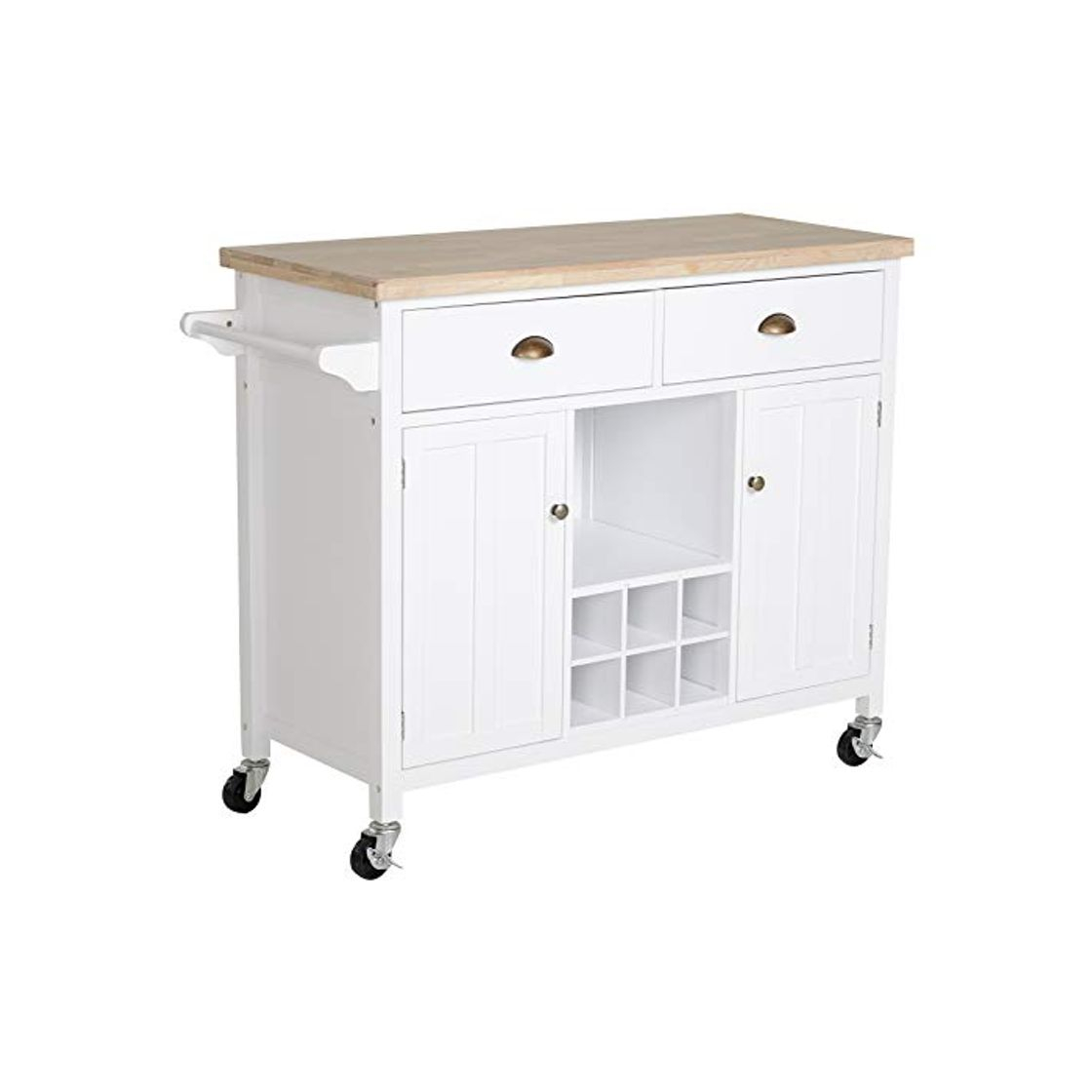 Home HOMCOM Carrito Auxiliar de Cocina con Ruedas Isla de Cocina Multiusos con Cajones Botellero Armarios Cerrados y Estante Cajón Blanco 113x45x89cm