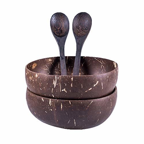 Social Set of 2 Coconut Bowls and Wooden Spoons - Handmade - Natural