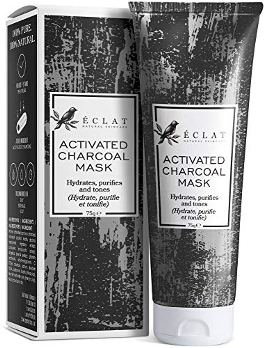 Beauty Mascarilla de Carbón Facial Eclat – Mascarilla Facial Carbón Activo con Carbón de Bambú Natural y Mezcla de 4 Arcillas Incluyendo Bentonita Caolín Francesa para Limpiar Poros y Eliminar Puntos Negros
