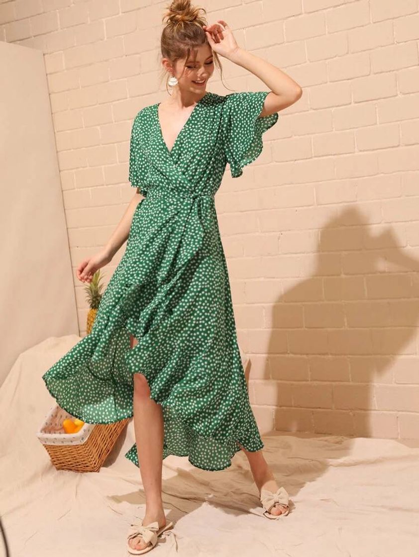 Fashion Verde de Exercício Com cinto Florzinhas Boho Vestidos
