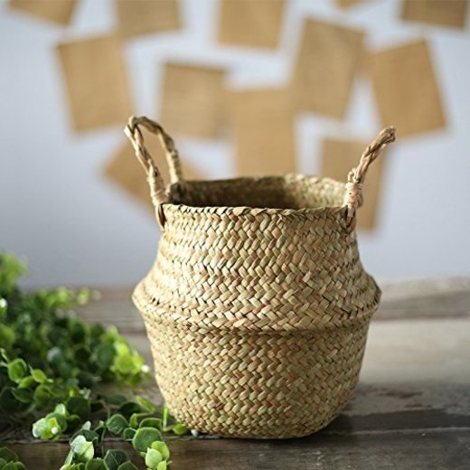 SODIAL Seagrass cesta de cesteria de mimbre plegable colgante maceta de flores
