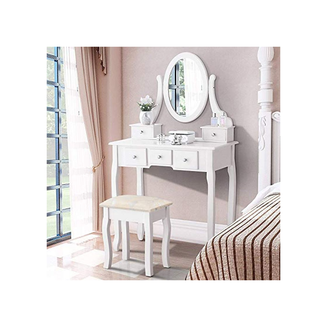 Social Iglobalbuy Tocador, Escritorio de Maquillaje con Taburete, Mesa de cosmética Blanca con