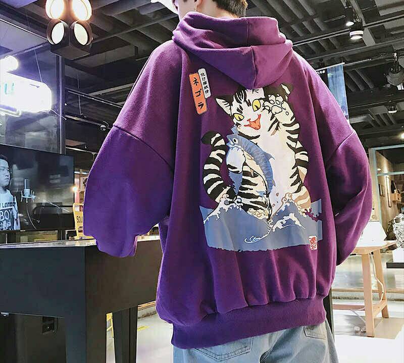 Moda Sudadera Morada Estampado Estilo Japonés