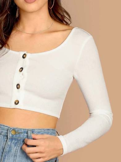 Button Front Form Fitting Crop Tee

