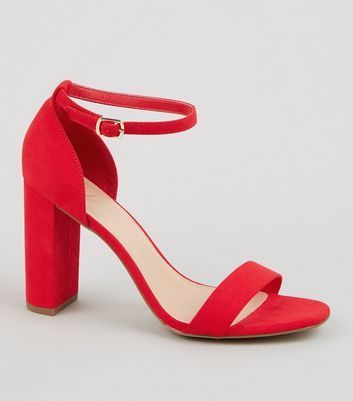 Moda Wide Fit Red Suedette Ankle Strap Block Heels