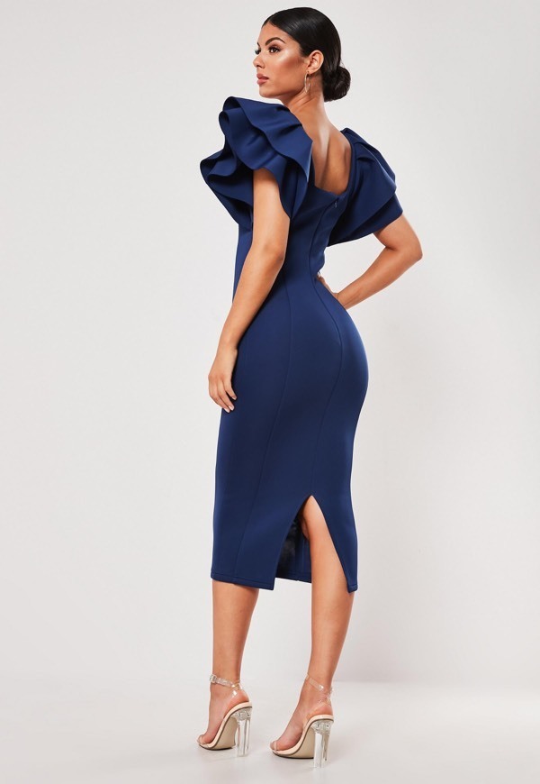 Social Vestido midi escote cuadrado y volantes azul marino